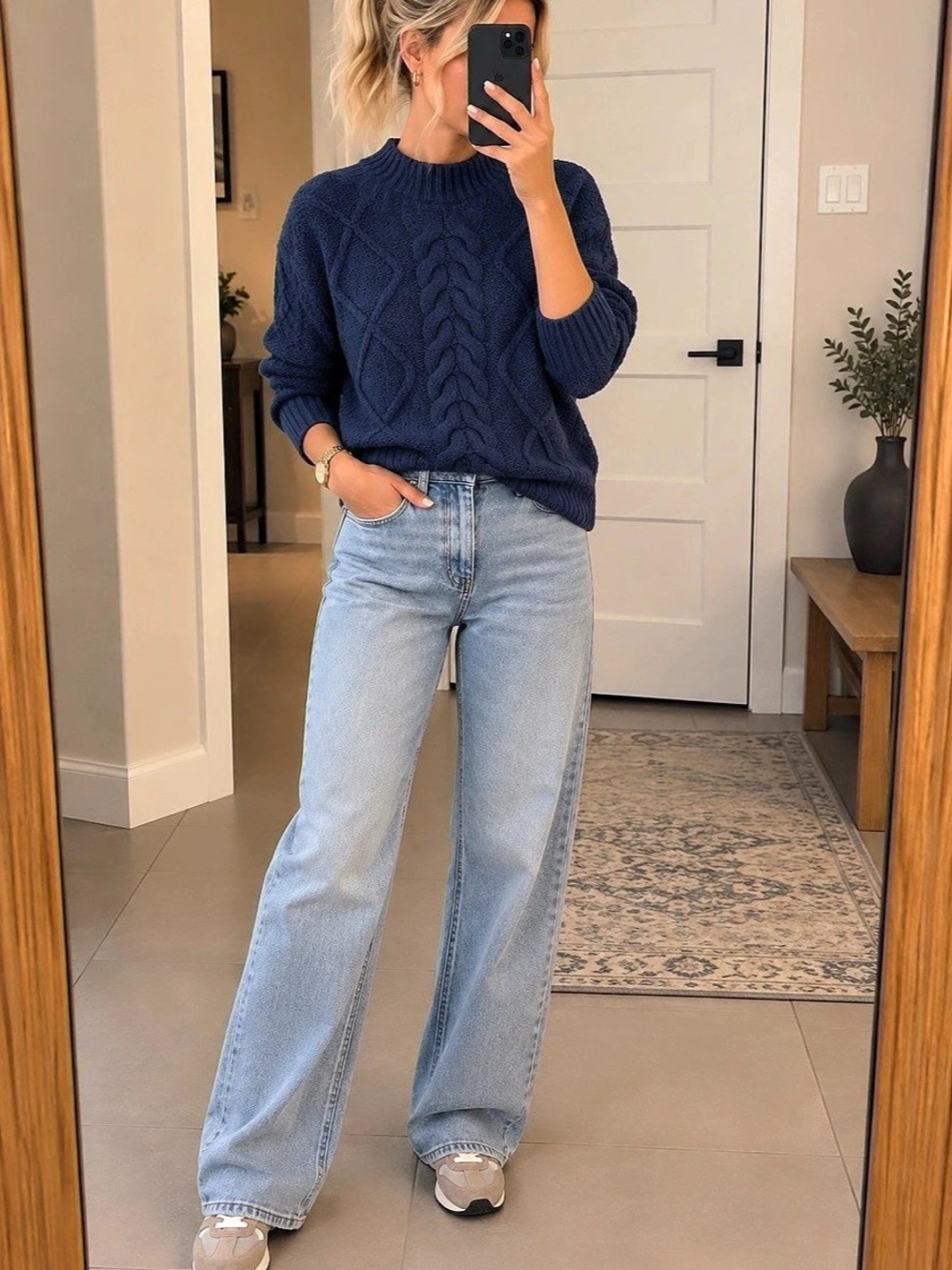 Cable Knit Turtleneck Sweater in Blue